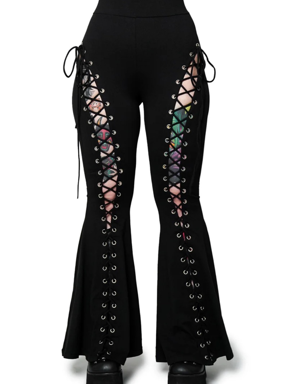 Black Lace-Up Flare Pants with Side Cutouts petite